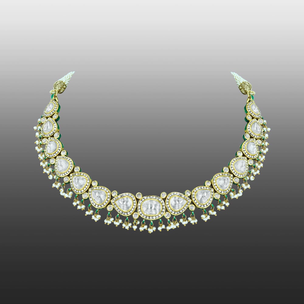 Pear-Shaped Polki Necklace with Gold Detailing and Pearls